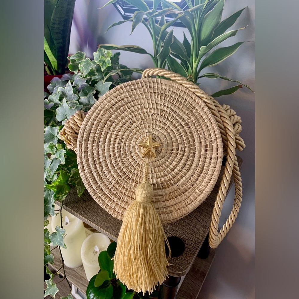 Minimalist Round Handwoven Shoulder Bag with Gold Tassels - Elegant Summer Bag
